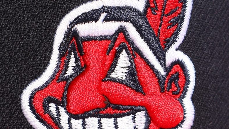 Feb 24, 2017; Goodyear, AZ, USA; Detailed view of the indian Chief Wahoo logo on a Cleveland Indians baseball hat during photo day at Goodyear Ballpark. Mandatory Credit: Mark J. Rebilas-USA TODAY Sports