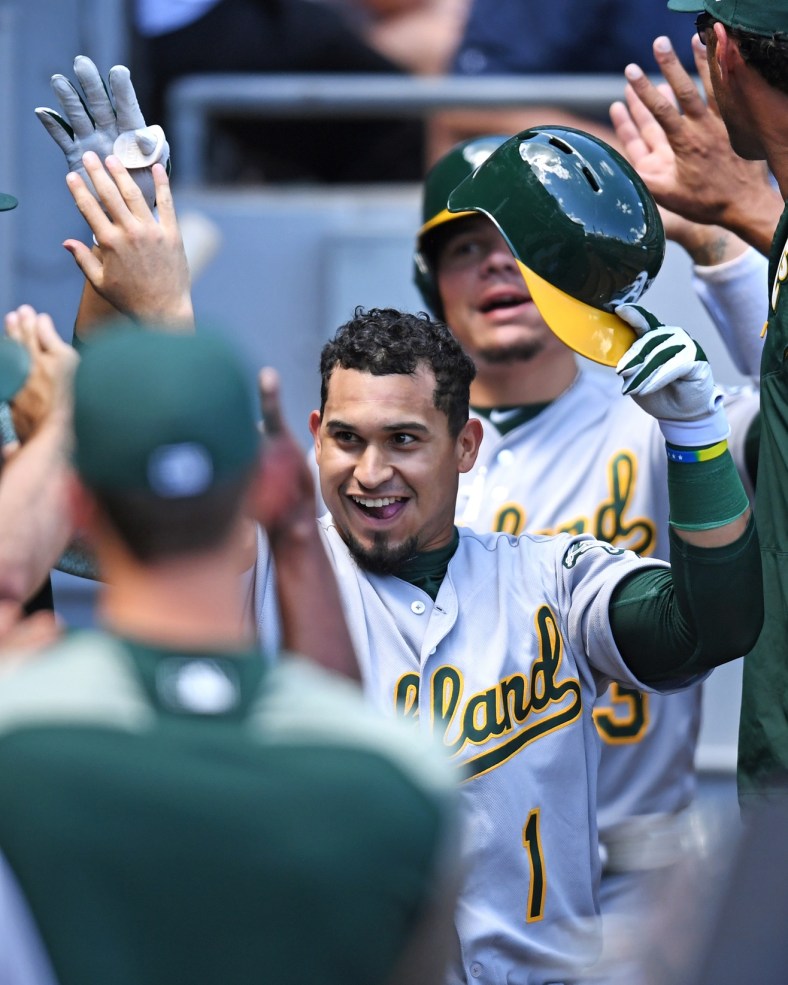 Franklin Barreto is one of three A's players to hit their first MLB homers on Saturday.