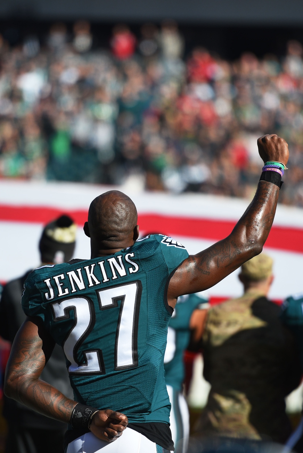 Eagles Pro Bowl safety Malcolm Jenkins continues National Anthem protest.