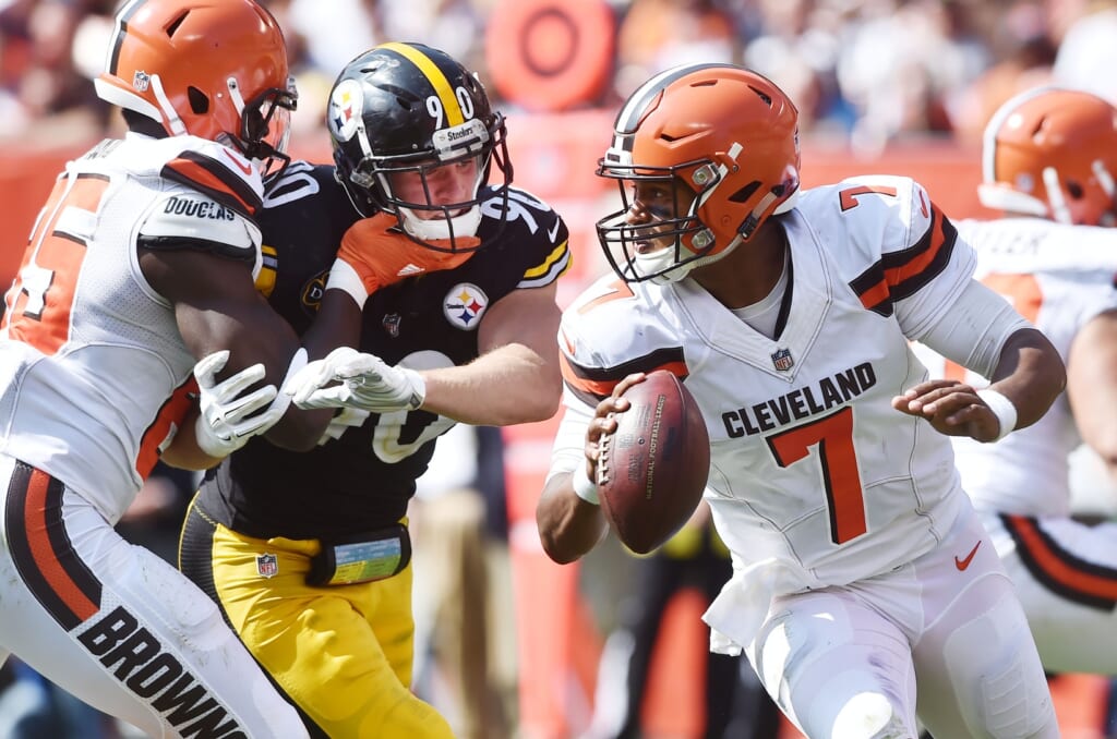 Cleveland Browns quarterback pursued by Pittsburgh Steelers linebacker T.J. Watt in NFL Week 1