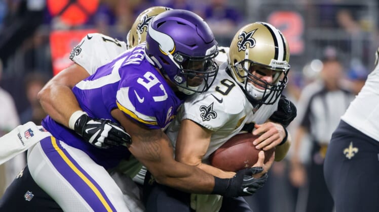 Minnesota Vikings defensive end Everson Griffen sacks New Orleans Saints quarterback Drew Brees on Monday Night Football