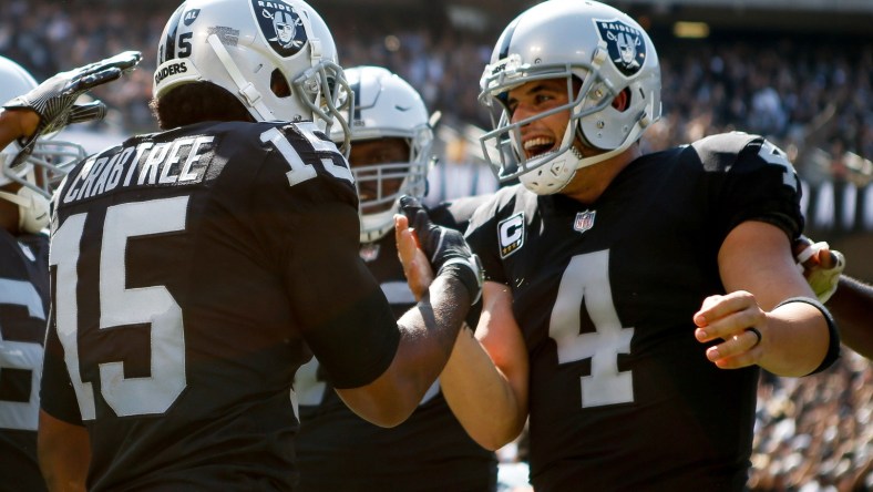 Oakland Raiders receiver Michael Crabtree and quarterback Derek Carr in NFL Week 2