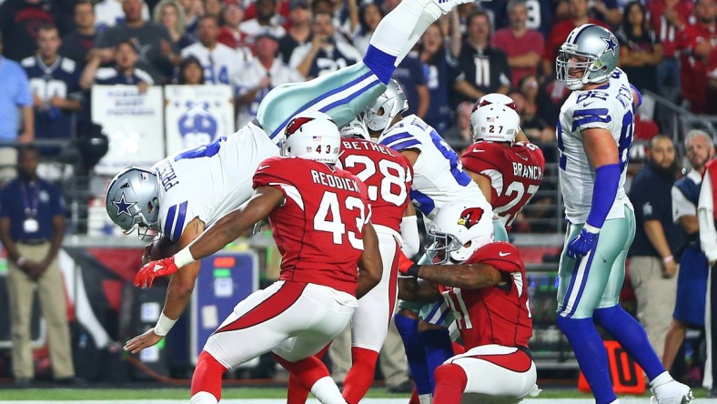 Dallas Cowboys quarterback Dak Prescott soars in for a touchdown on Monday Night Football