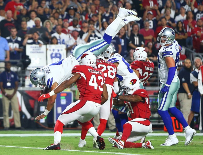 Dallas Cowboys quarterback Dak Prescott soars in for a touchdown on Monday Night Football