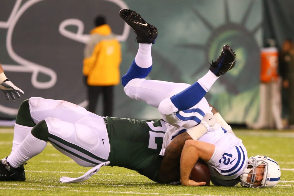 New York Jets defensive end Leonard Williams sacks Indianapolis Colts quarterback Andrew Luck