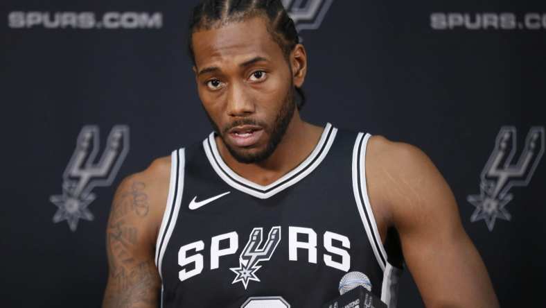 San Antonio Spurs small forward Kawhi Leonard (2) is interviewed during media day at the Spurs training facility.