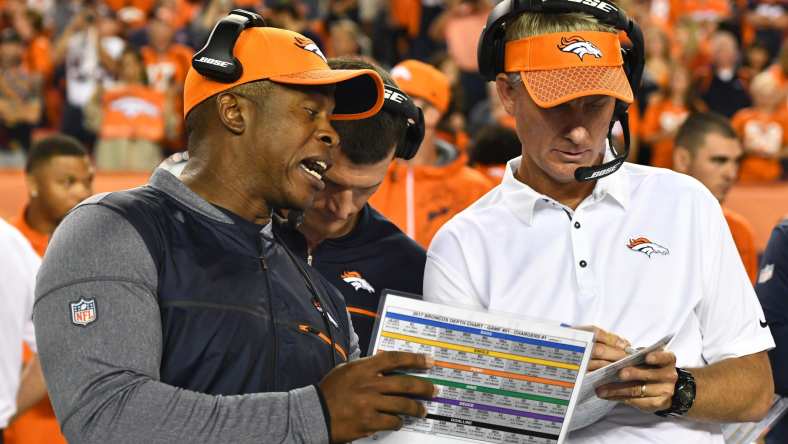 Broncos head coach Vance Joseph with offensive coordinator Mike McCoy