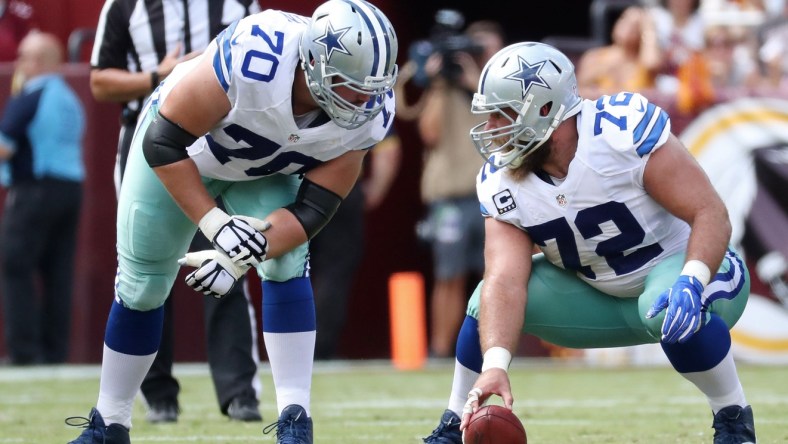 Dallas Cowboys center Travis Frederick (72) and Cowboys guard Zack Martin (70) line up against the Washington Redskins at FedEx Field.