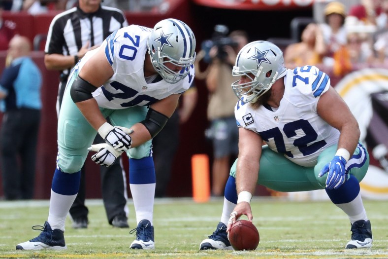 Dallas Cowboys center Travis Frederick (72) and Cowboys guard Zack Martin (70) line up against the Washington Redskins at FedEx Field.