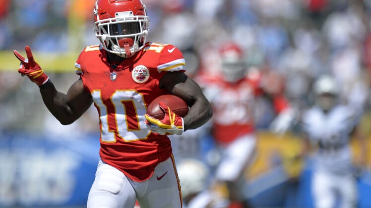 Sep 9, 2018; Carson, CA, USA; Kansas City Chiefs wide receiver Tyreek Hill (10) returns a punt for a touchdown during the first quarter against the Los Angeles Chargers at StubHub Center. Mandatory Credit: Jake Roth-USA TODAY Sports