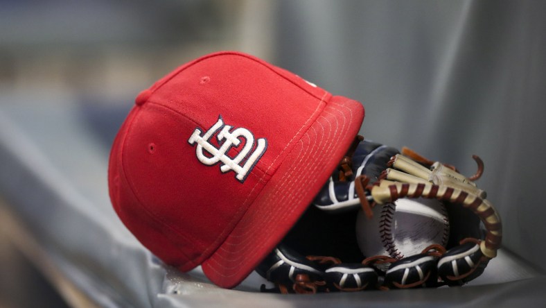 Cardinals hat during MLB game against the Braves