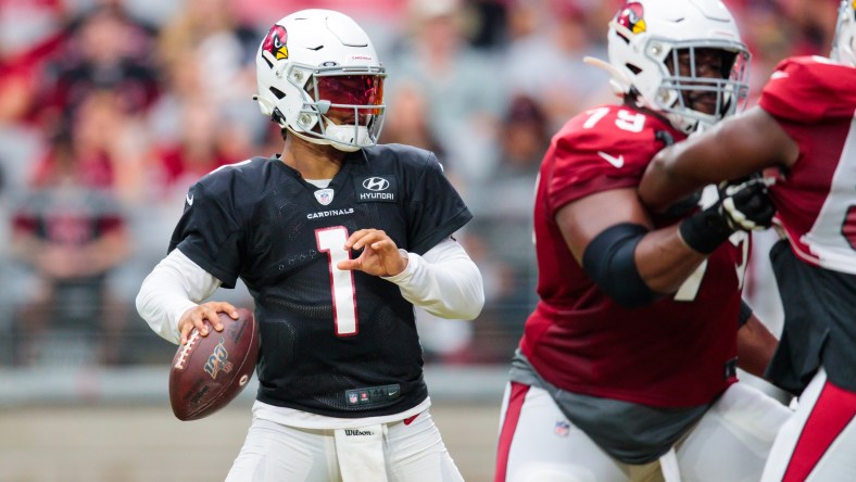 Aug 1, 2019; Glendale, AZ, USA; Arizona Cardinals quarterback Kyler Murray (1) during trading camp practice at State Farm Stadium. Mandatory Credit: Mark J. Rebilas-USA TODAY Sports