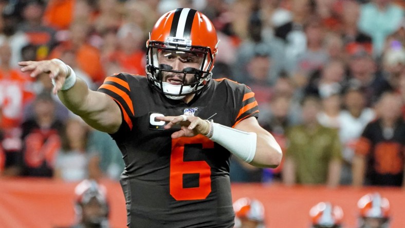 Cleveland Browns quarterback Baker Mayfield throwing a pass during an NFL game