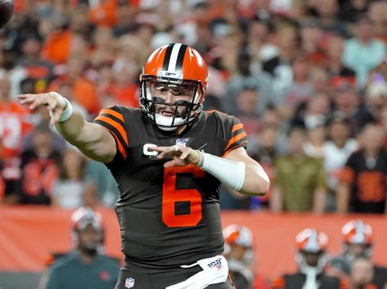 Cleveland Browns quarterback Baker Mayfield throwing a pass during an NFL game