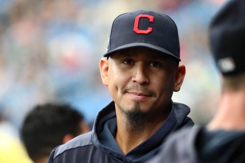 Indians Carlos Carrasco smiles during game against the Rays