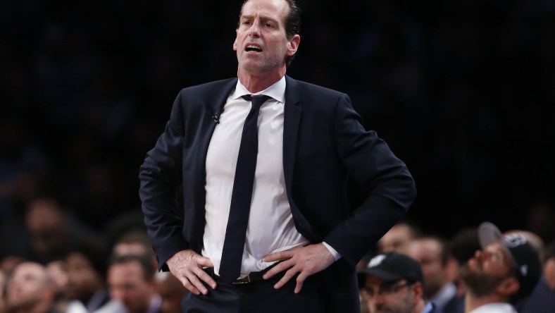 Nets head coach Kenny Atkinson reacts to a bad call against the 76ers.