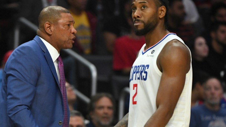 Clippers' Doc Rivers and Kawhi Leonard during game against the Hornets