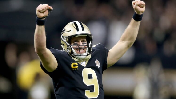 Dec 16, 2019; New Orleans, LA, USA; New Orleans Saints quarterback Drew Brees (9) reacts after a touchdown throw in the third quarter against the Indianapolis Coltsat the Mercedes-Benz Superdome. The touchdown pass broke the career touchdown record. Mandatory Credit: Chuck Cook-USA TODAY Sports