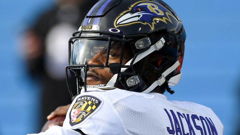 Ravens quarterback Lamar Jackson throws a pass