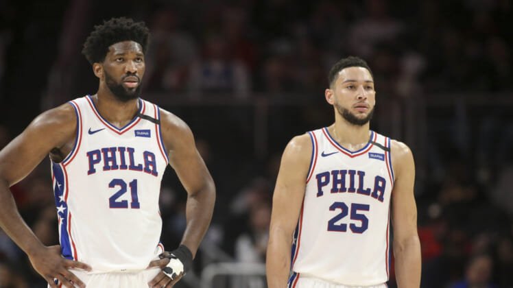 Sixers stars Ben Simmons and Joel Embiid during NBA game against the Hawks.