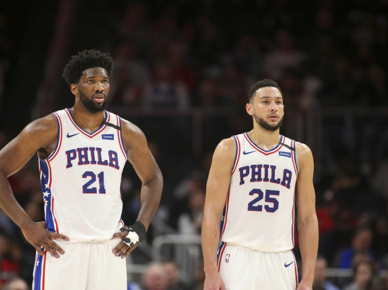 Sixers stars Ben Simmons and Joel Embiid during NBA game against the Hawks.