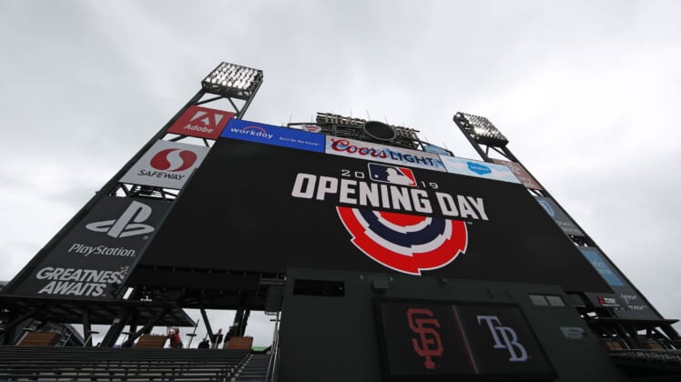 Scoreboard at Oracle Park on Opening Day