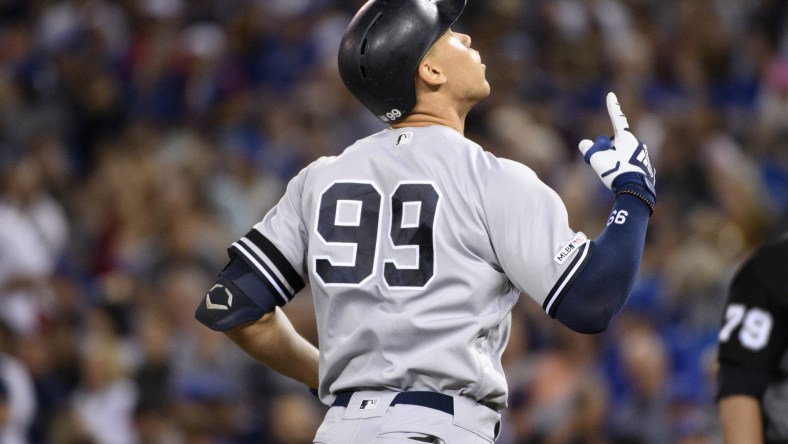 Yankees Aaron Judge celebrates after HR against the Blue Jays