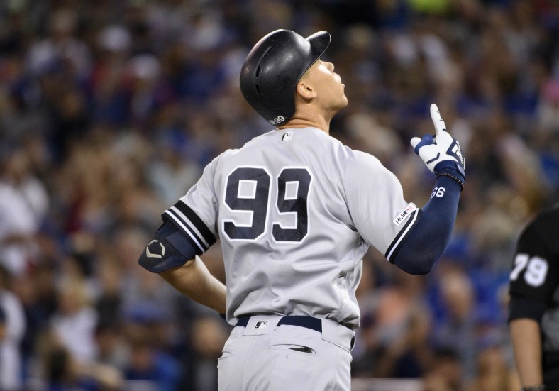 Yankees Aaron Judge celebrates after HR against the Blue Jays