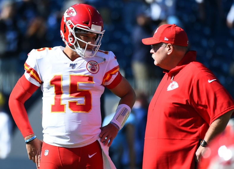 Andy Reid and Patrick Mahomes during a game against the Titans