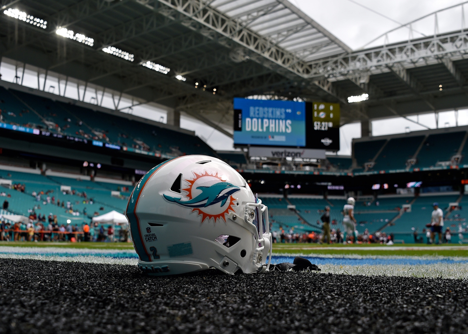 Dolphins helmet on field before game