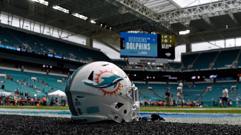 Dolphins helmet on field before game