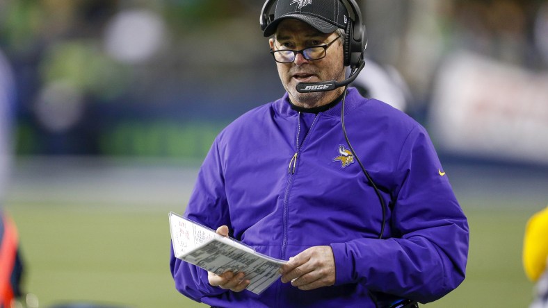 Mike Zimmer coaches on the sideline