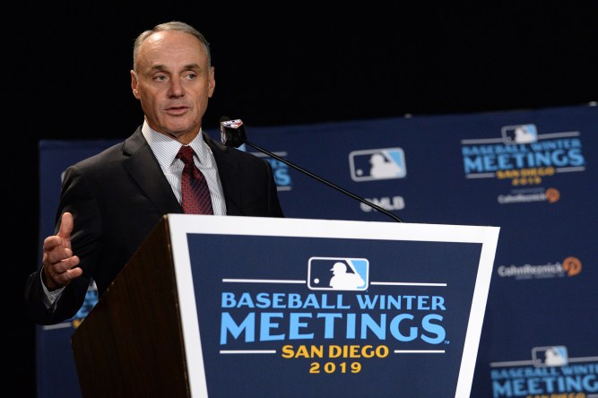 MLB commissioner Rob Manfred speaks during winter meetings