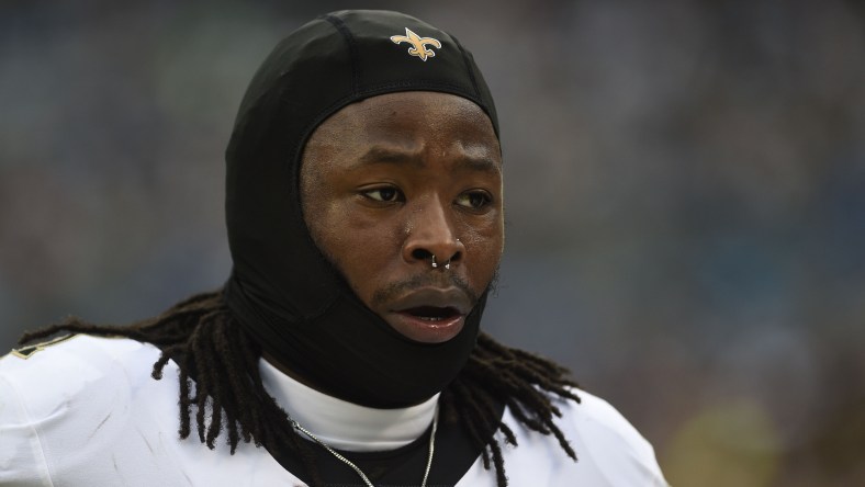 Saints RB Alvin Kamara on sideline against the Panthers.