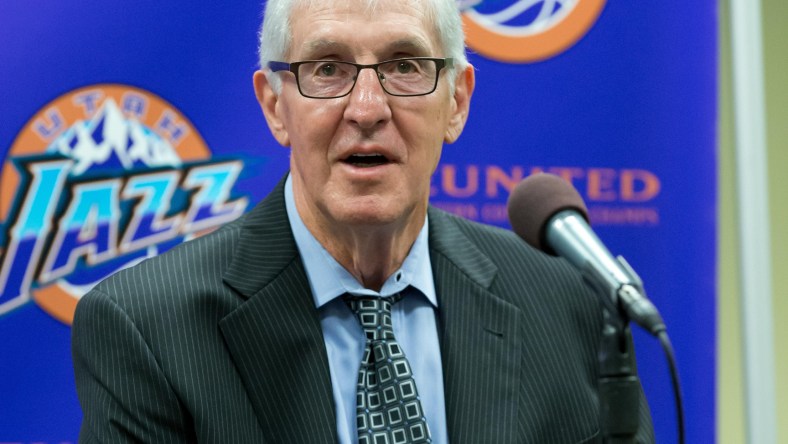 Former Utah Jazz head coach Jerry Sloan speaks ahead of a game against the Knicks.