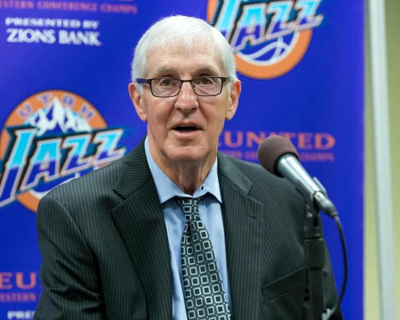 Former Utah Jazz head coach Jerry Sloan speaks ahead of a game against the Knicks.