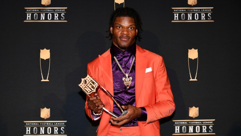 Baltimore Ravens QB Lamar Jackson with the NFL MVP award