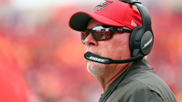 Tampa Bay Buccaneers HC Bruce Arians looks from sideline