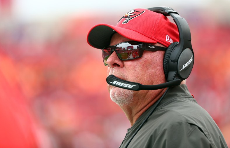 Tampa Bay Buccaneers HC Bruce Arians looks from sideline