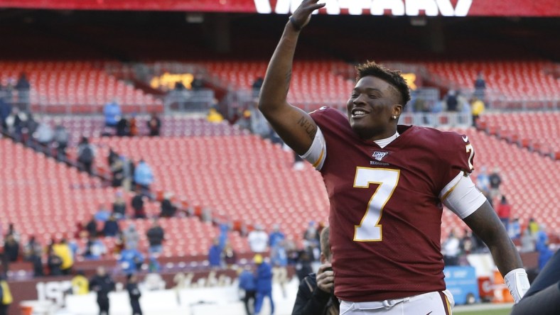 Washington Redskins QB Dwayne Haskins celebrates after win