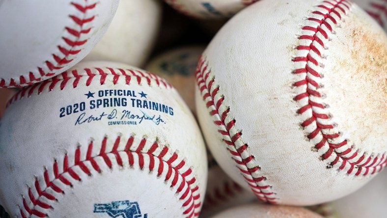 MLB baseballs in bucket