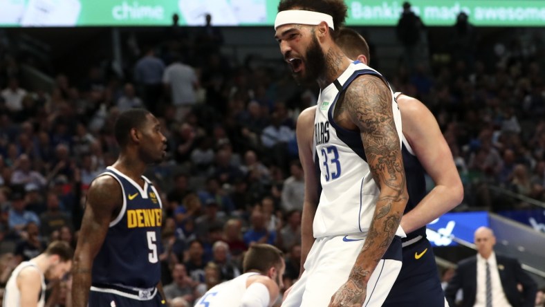 Mavericks center Willie Cauley-Stein reacts in game against the Nuggets