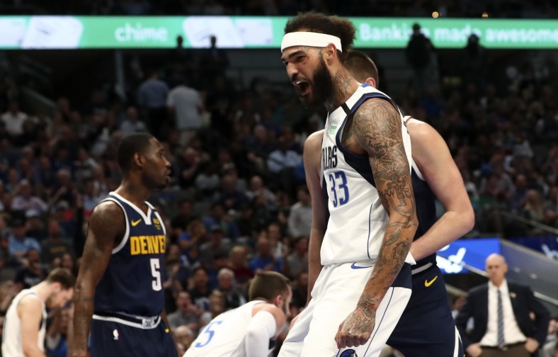 Mavericks center Willie Cauley-Stein reacts in game against the Nuggets