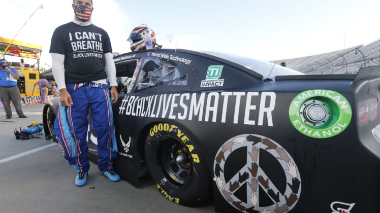 Bubba Wallace wears I Can't Breathe shirt, sports Black Lives Matter racing car at NASCAR event