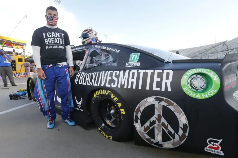 Bubba Wallace wears I Can't Breathe shirt, sports Black Lives Matter racing car at NASCAR event