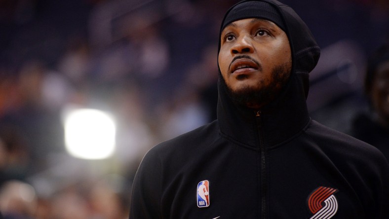 Carmelo Anthony looks on prior to an NBA game.