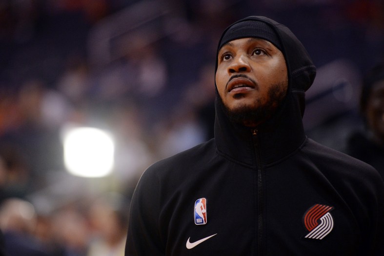 Carmelo Anthony looks on prior to an NBA game.