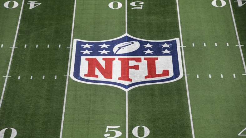 NFL logo at midfield of Super Bowl