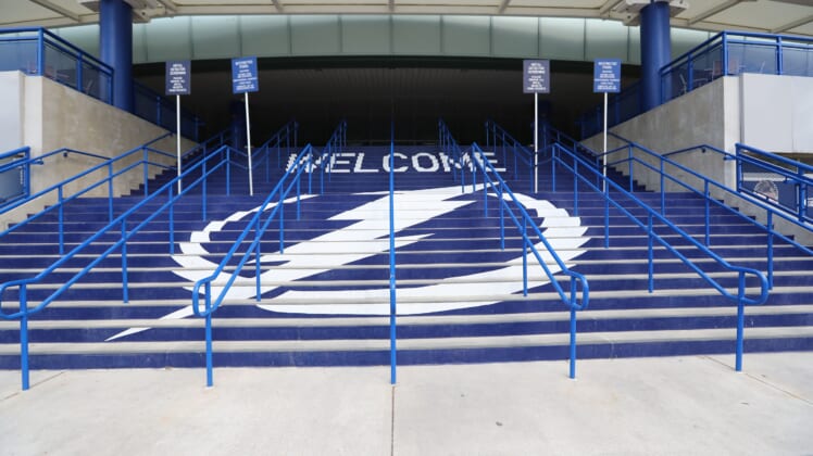 Tampa Bay Lightning logo on steps at stadium