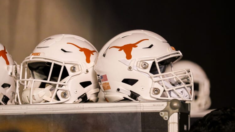 Texas Longhorns football helmets during West Virginia game